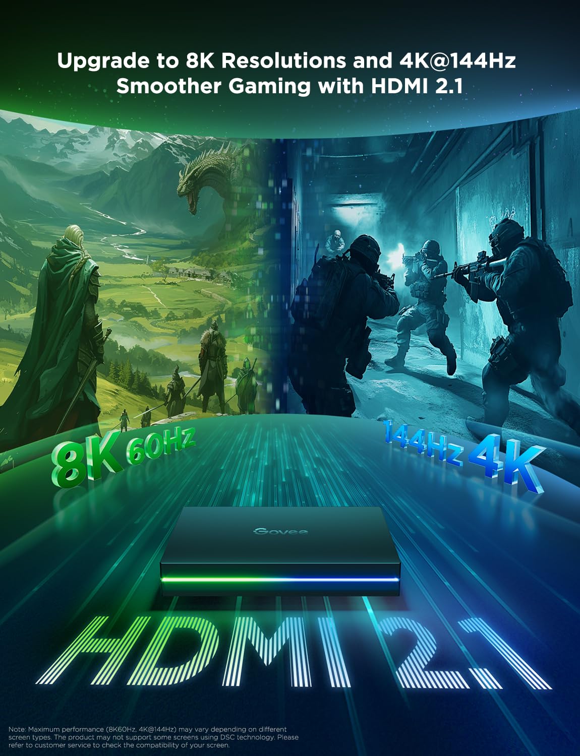 Govee HDMI 2.1 Sync Box 2, AI Sync Box with TV Backlight, Supports 8K@60Hz, 4K@144Hz, VRR and ALLM, Works with Matter and Alexa, RGBIC LED Light Strip for 55-65 inch TVs, 75 LEDs/m