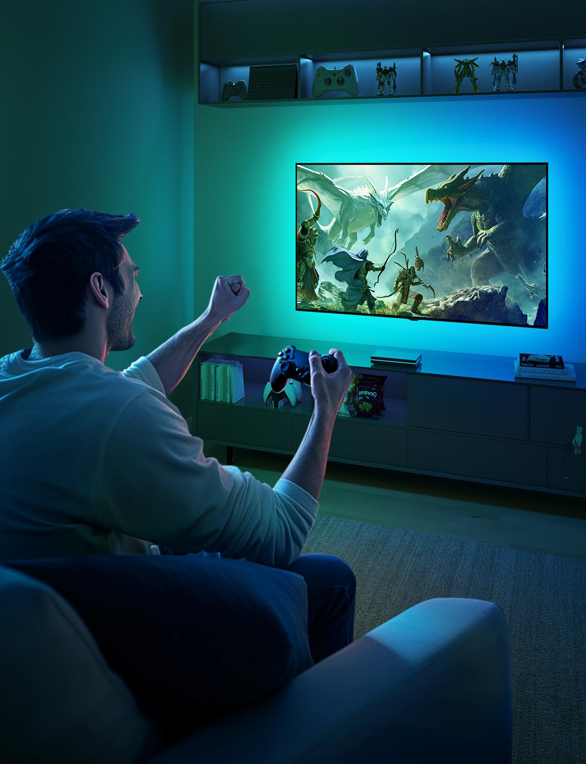 Govee HDMI 2.1 Sync Box 2, AI Sync Box with TV Backlight, Supports 8K@60Hz, 4K@144Hz, VRR and ALLM, Works with Matter and Alexa, RGBIC LED Light Strip for 55-65 inch TVs, 75 LEDs/m