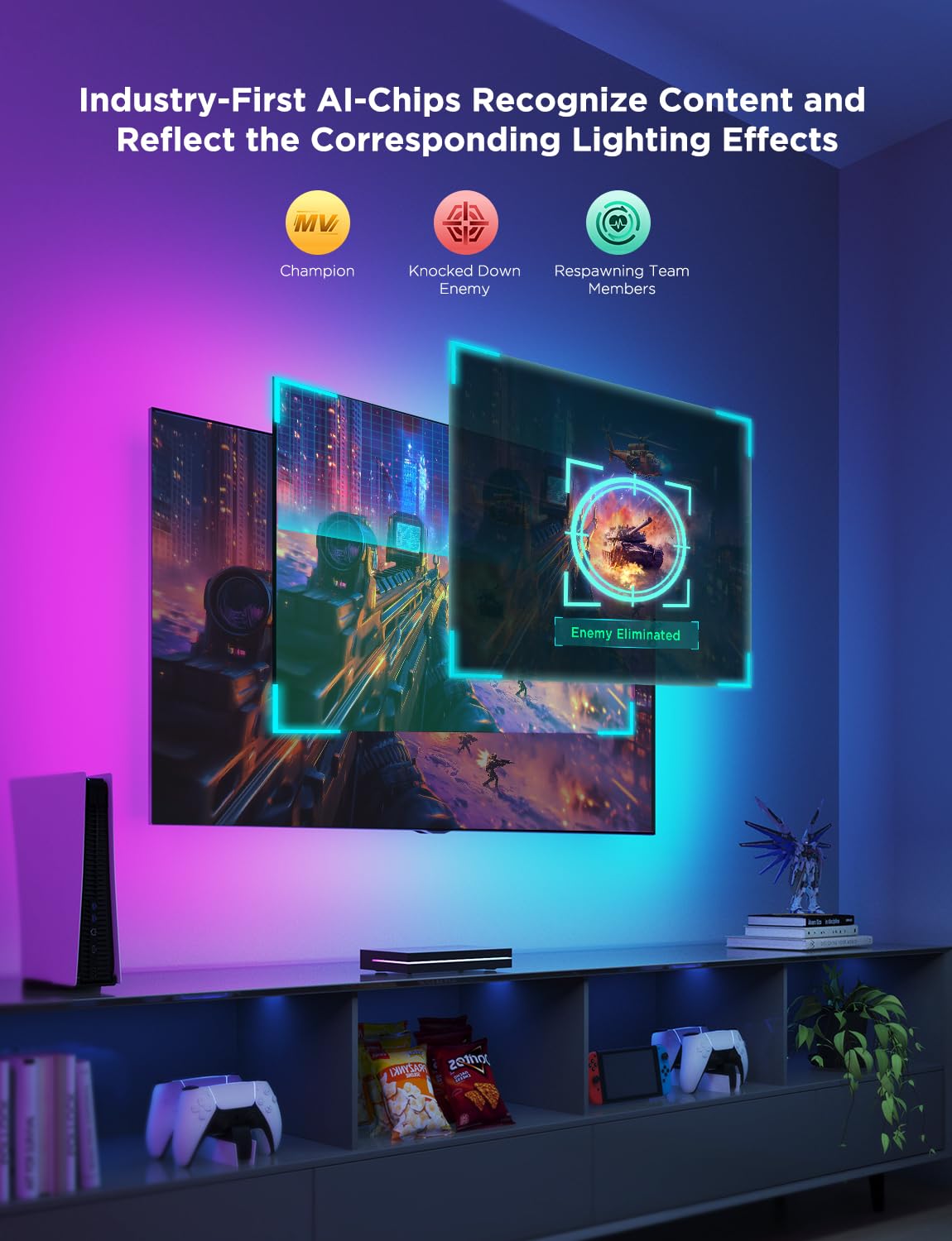 Govee HDMI 2.1 Sync Box 2, AI Sync Box with TV Backlight, Supports 8K@60Hz, 4K@144Hz, VRR and ALLM, Works with Matter and Alexa, RGBIC LED Light Strip for 55-65 inch TVs, 75 LEDs/m