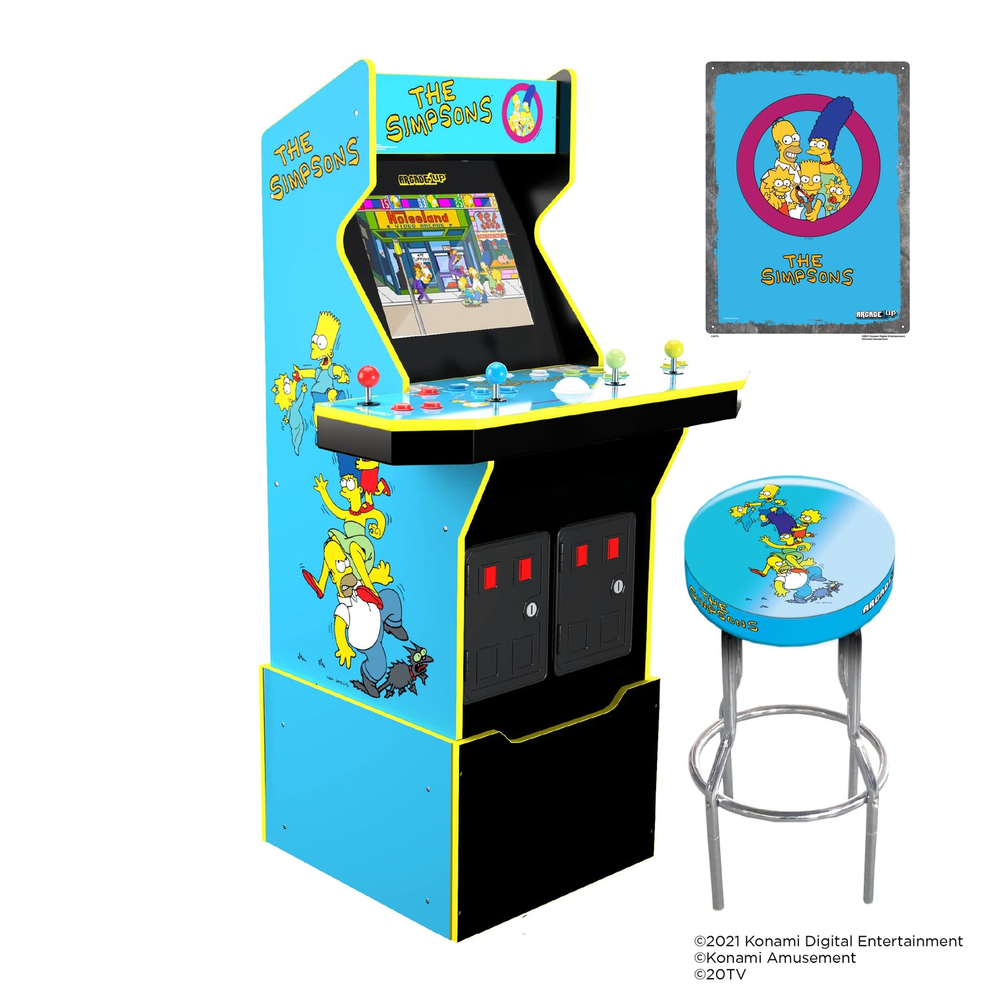 Arcade1Up The Simpsons Arcade Machine, 4-Foot — 4 Player Arcade Game Machine for Home, Live WiFi Enabled — Includes Custom Arcade Game Riser, Adjustable Stool, Light-Up Marquee, and Tin Wall Sign