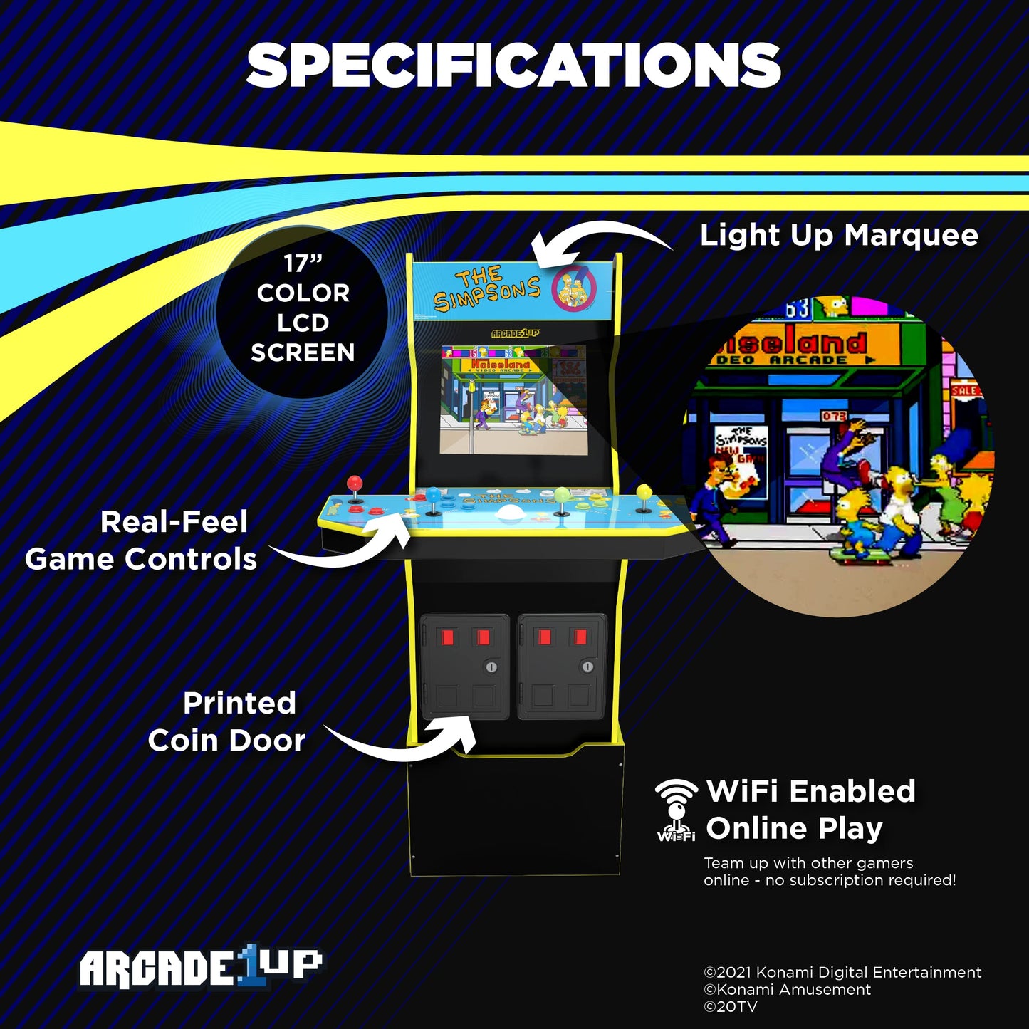 Arcade1Up The Simpsons Arcade Machine, 4-Foot — 4 Player Arcade Game Machine for Home, Live WiFi Enabled — Includes Custom Arcade Game Riser, Adjustable Stool, Light-Up Marquee, and Tin Wall Sign