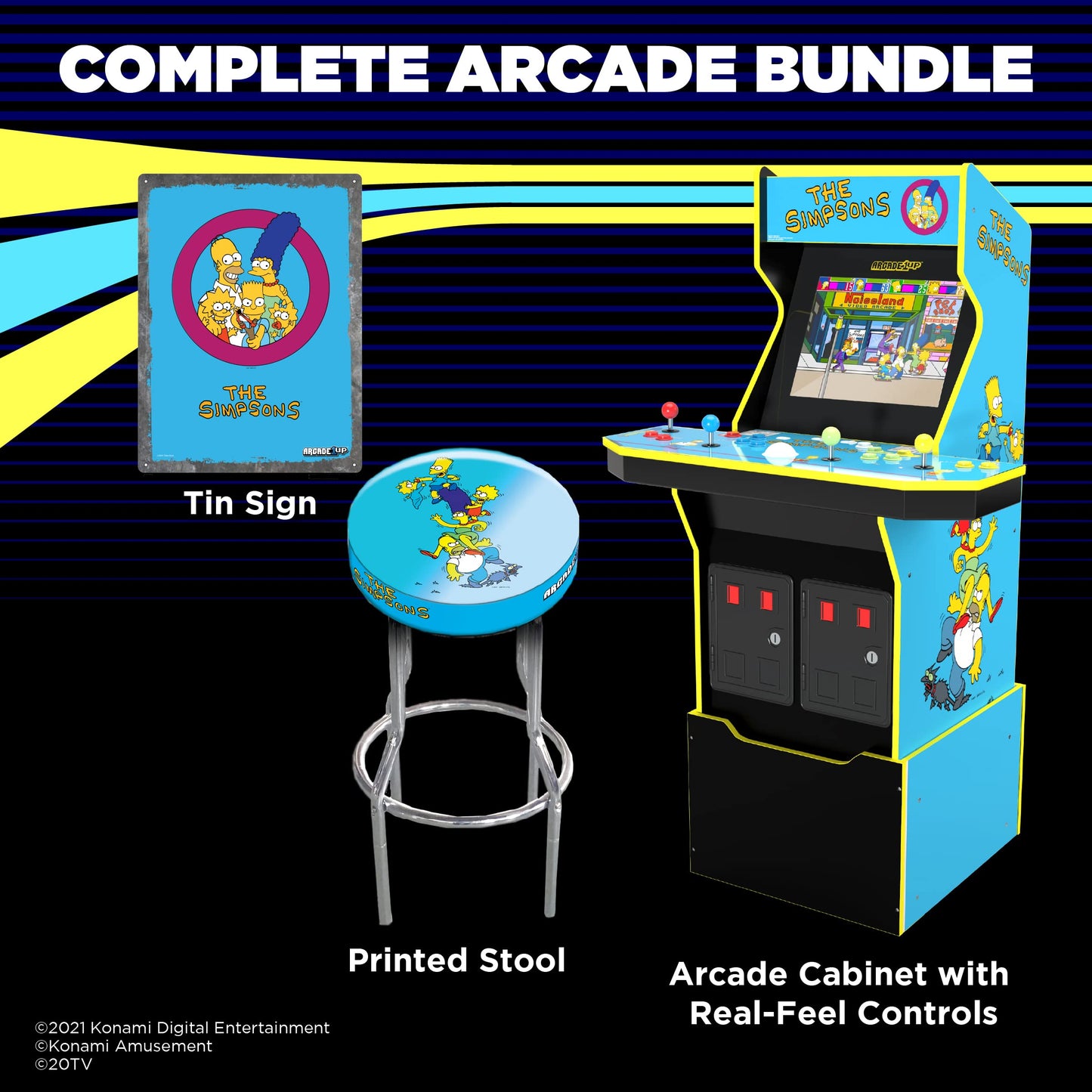 Arcade1Up The Simpsons Arcade Machine, 4-Foot — 4 Player Arcade Game Machine for Home, Live WiFi Enabled — Includes Custom Arcade Game Riser, Adjustable Stool, Light-Up Marquee, and Tin Wall Sign