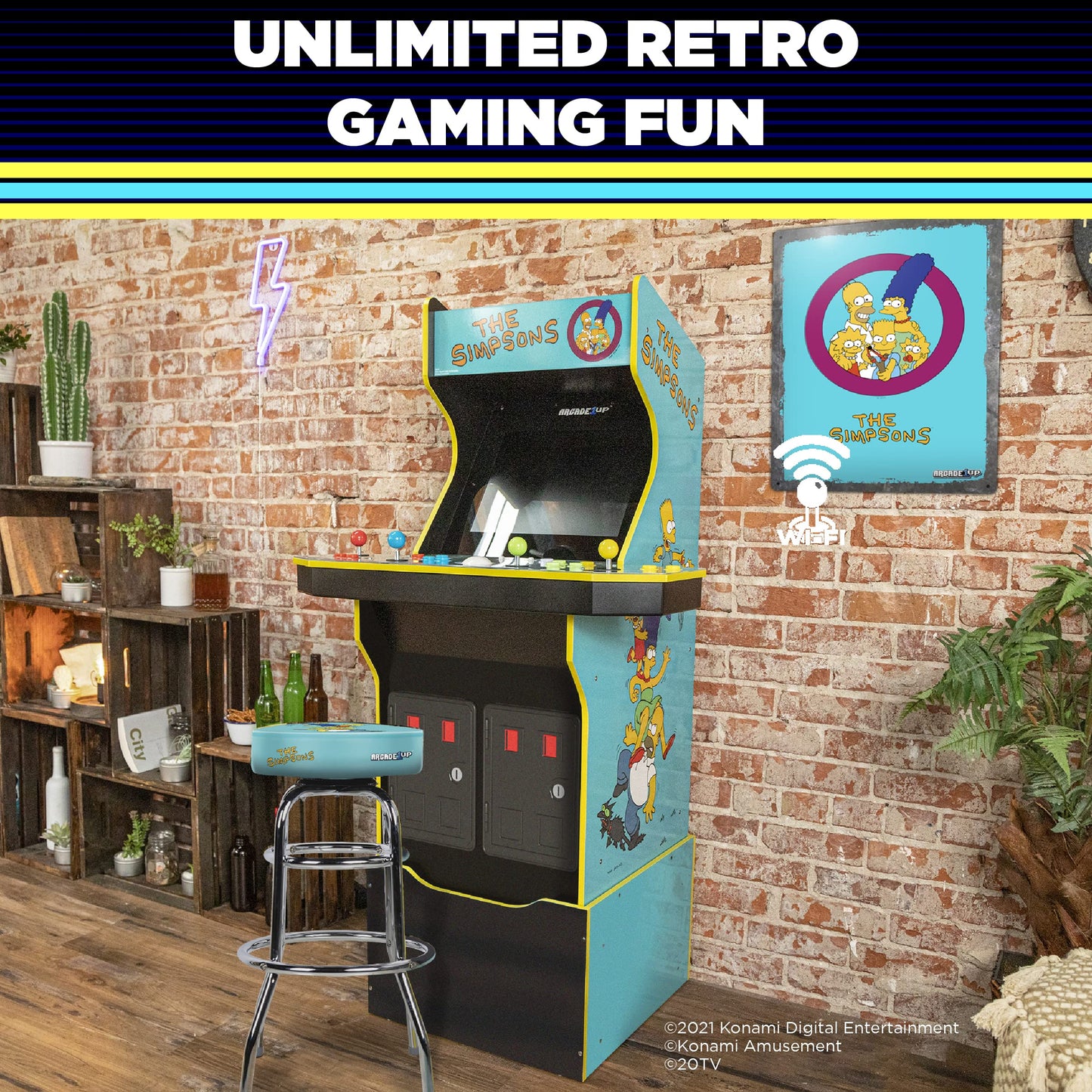 Arcade1Up The Simpsons Arcade Machine, 4-Foot — 4 Player Arcade Game Machine for Home, Live WiFi Enabled — Includes Custom Arcade Game Riser, Adjustable Stool, Light-Up Marquee, and Tin Wall Sign