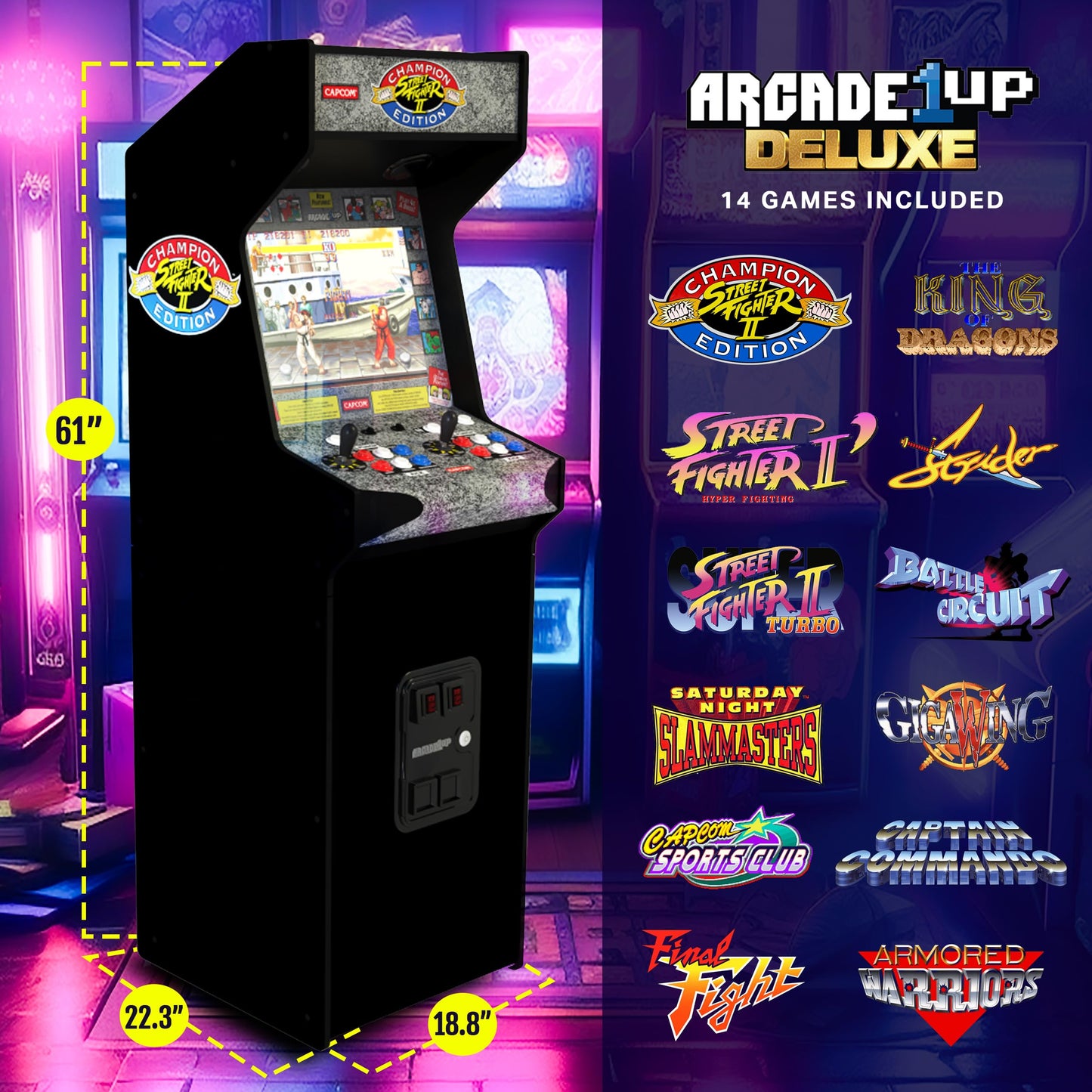 Arcade1Up Street Fighter II CE HS 5 Deluxe Arcade Machine, Compact 5' Tall Stand Up Cabinet with 14 Classic Games and 17" BOE Screen, Black